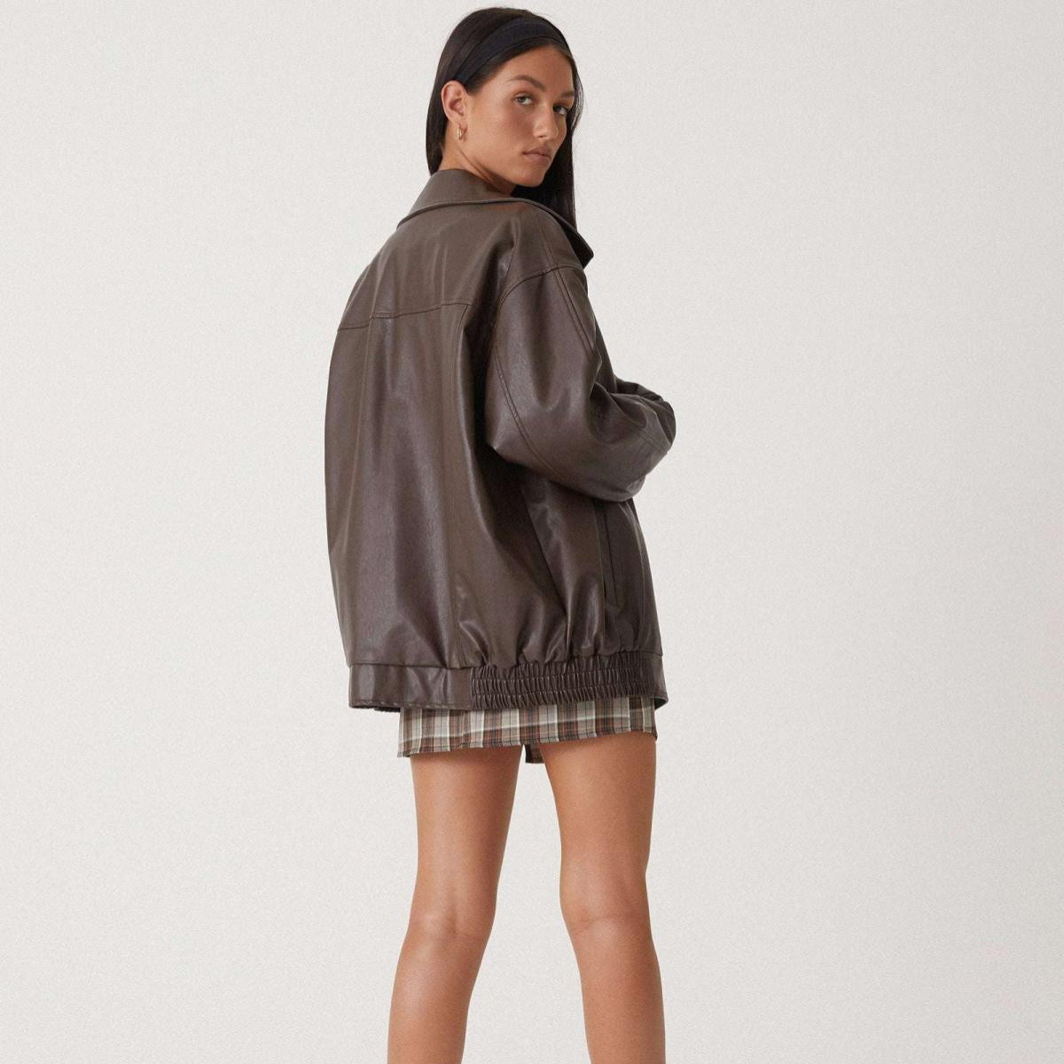 Damska Skórzana Kurtka Bomber Oversize Lekka Długa